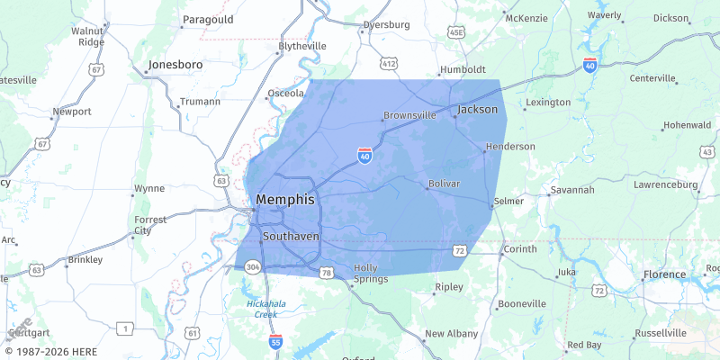 Map showing Stewart Fencing Company service area covering West Tennessee and North Mississippi